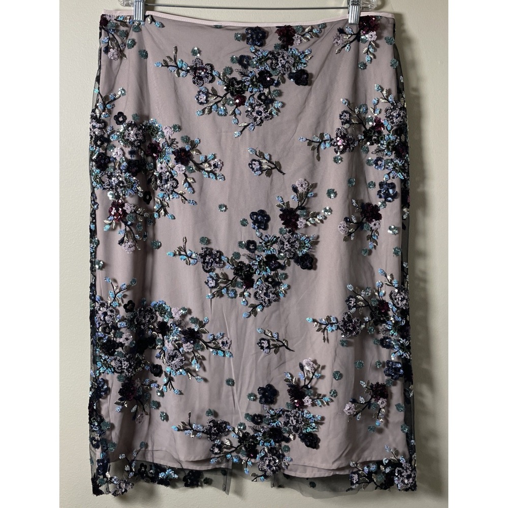Ultra Pink Sequined Mesh Overlay Floral Embroidered Midi Skirt Women's Size XL